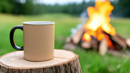 Beige metal camping mug with black handle sits on tree stump in grassy outdoor setting, with warm campfire burning in blurred background, evoking cozy atmosphere