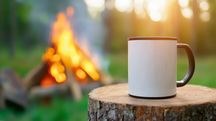 Close up of rugged camping mug filled with coffee sits on tree stump with warm campfire glowing in background, evoking cozy outdoor adventure vibe