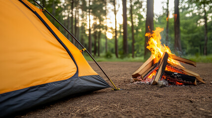 Yellow tent campfire forest outdoor adventure camping wood flame nature travel peaceful wilderness summer relaxation evening tranquil getaway recreation rural journey