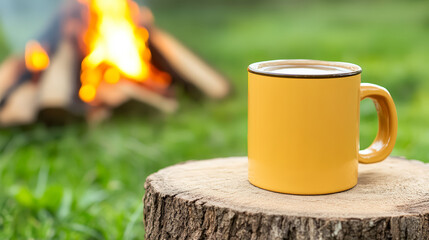 Yellow camping mug filled with coffee sits on tree stump outdoors, with warm campfire burning in blurred background, evoking cozy and adventurous atmosphere