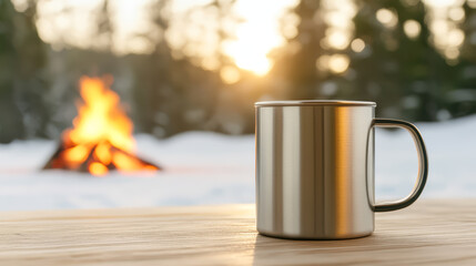 Stainless steel camping mug on wooden table with hot beverage, warm sunlight, and cozy campfire in snowy winter forest, outdoor adventure and relaxation