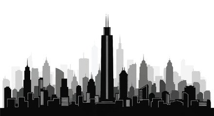 Obraz premium Striking Black and White Cityscape Featuring Central Skyscraper and Urban Architectural Contrast