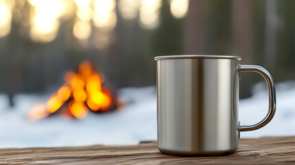 Stainless steel camping mug on wooden table with warm beverage, outdoor winter forest background, soft sunlight, cozy campfire, peaceful and inviting atmosphere