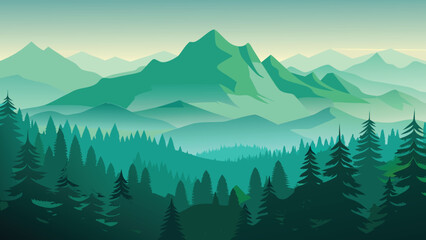 Fototapeta premium A stylized landscape depicts layers of green mountains fading into mist with a dark forest foreground