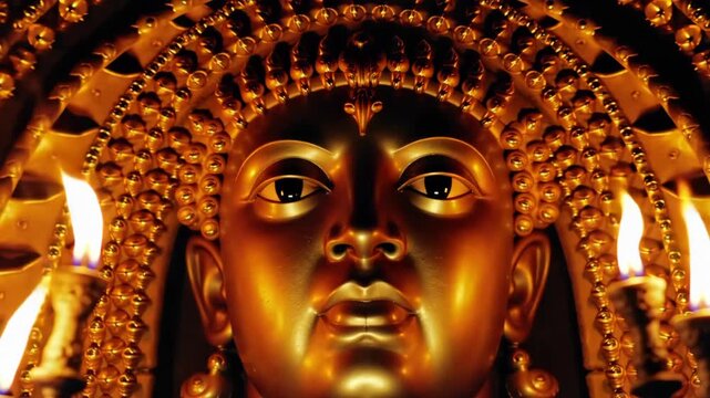 Dramatic closeup of intricately carved face of a religious statue, 'La Macarena' paso, adorned with jewels, flickering candlelight.