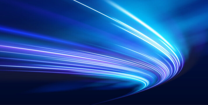Neon streaks spiral through a dark digital landscape, creating waves of energy and speed. Light pulses shimmer along curves. Perfect for futuristic vector.