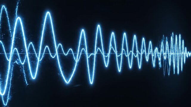 Bright blue audio waveform with oscillating peaks on dark background