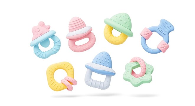 Assorted colorful baby teethers arranged on a white background isolated on white background