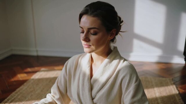 Sitting woman in cream robe breathing meditating on woven rug by window, sunlight across face