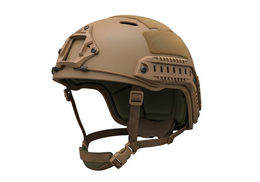 Tactical tan military helmet with side rails and chin strap, army combat gear, isolated on white