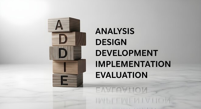 Wooden letter blocks stacked to represent the five stages of the instructional design addie model for learning development