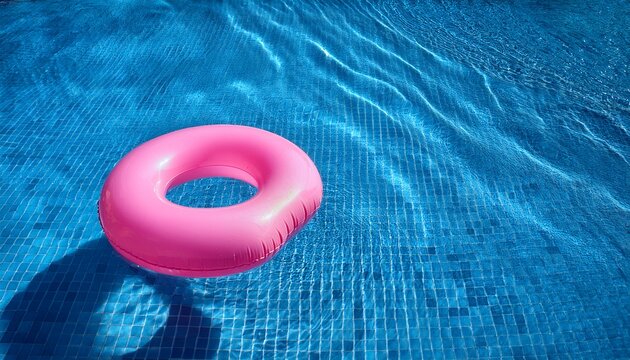 pink pool float ring floating in a refreshing blue swimming pool top view
