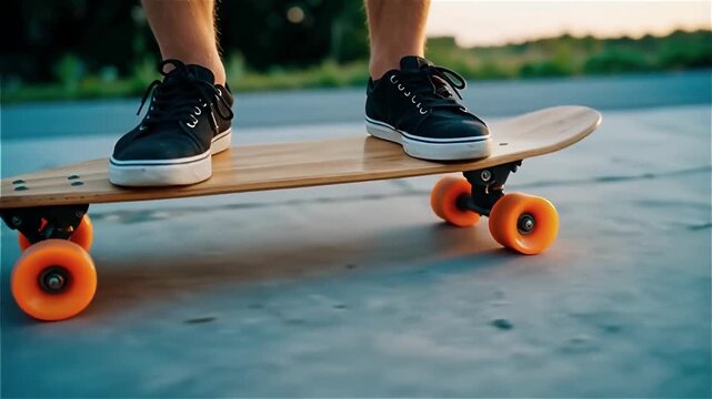 Skateboarder balancing on a longboard with vibrant orange wheels during sunset in an outdoor urban environment