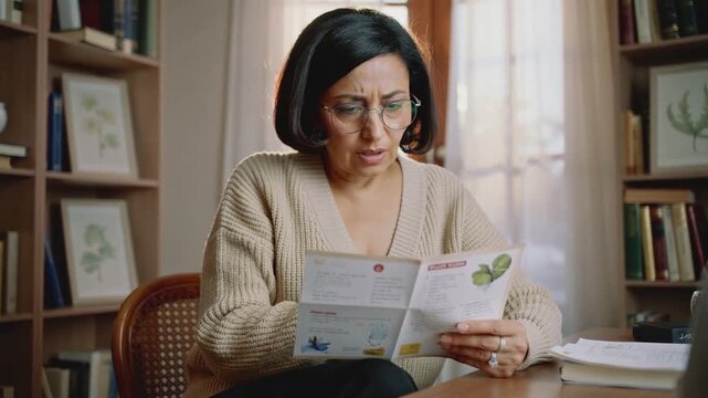 Reading midlife woman in cream sweater and glasses at home holding pamphlet and comparing with docs