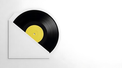 A black vinyl record with yellow label, partially emerging from a white envelope