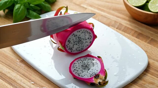 Slicing a vibrant dragon fruit on a white cutting board with fresh limes in a wooden bowl and basil leaves
