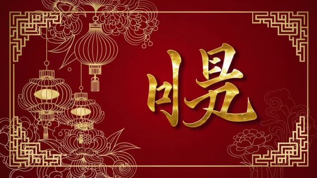 Chinese New Year background decoration featuring elegant golden Chinese calligraphy 'Heng,' symbolizing enduring prosperity and wishing for abundant wealth
