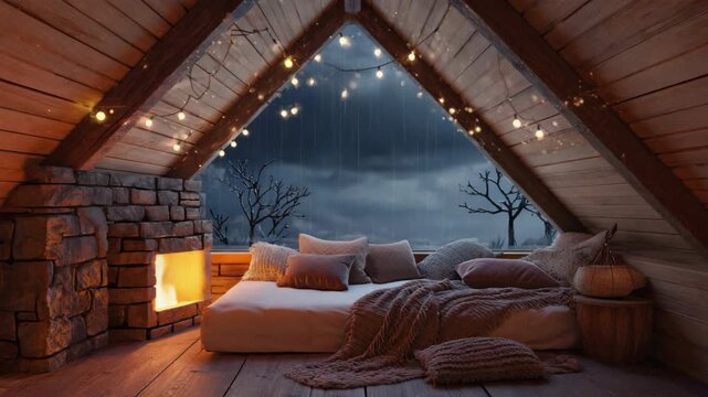 Cozy attic retreat with fireplace during rainy night.