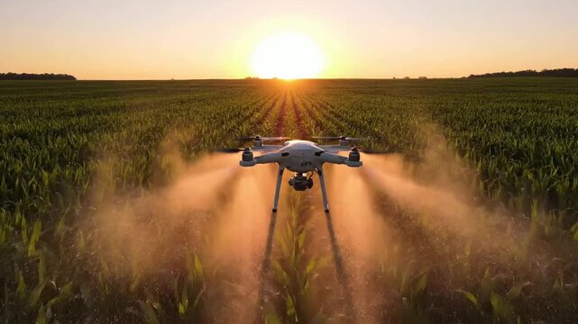 Agricultural drone spraying crops at golden hour with sunset backdrop ultra H D aerial farming technology in action precision agriculture and modern farming techniques with mist effects