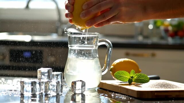 A hand squeezing a lemon over a glass pitcher filled with water and ice cubes, with lemon and mint leaves on a wooden cutting board in a sunlit kitchen