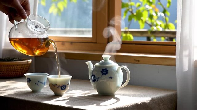 A serene tea pouring scene featuring steaming tea from a glass teapot into delicate cups by a sunny window