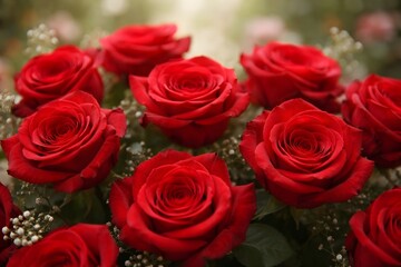 Fototapeta premium Romantic red roses bouquet with soft bokeh background