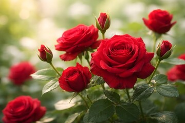 Fototapeta premium Elegant red roses bouquet in soft morning light