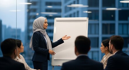 Muslim businesswoman giving presentation in modern boardroom