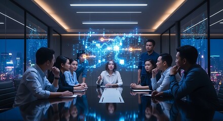 Diverse tech team looking at holographic data projection