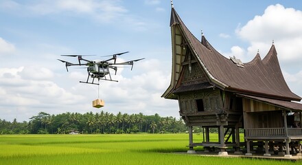 Drone delivering package to rural Indonesian house