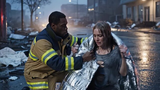 In a dark, rainy atmosphere, a brave firefighter assists a woman in need. He wraps her in a reflective blanket, offering warmth and comfort amid chaos, demonstrating trust and care in a trying moment.
