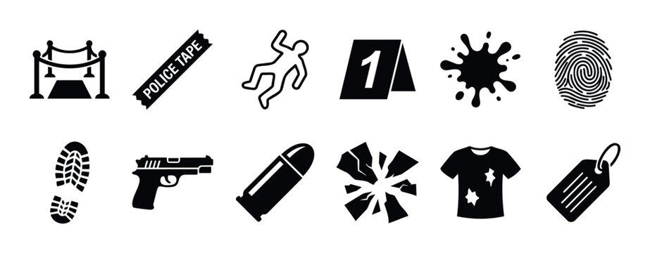 Essential visual assets depicting crime scene investigation elements such as forensic evidence, police barriers, and weapons, ideal for educational resources, legal graphics, and