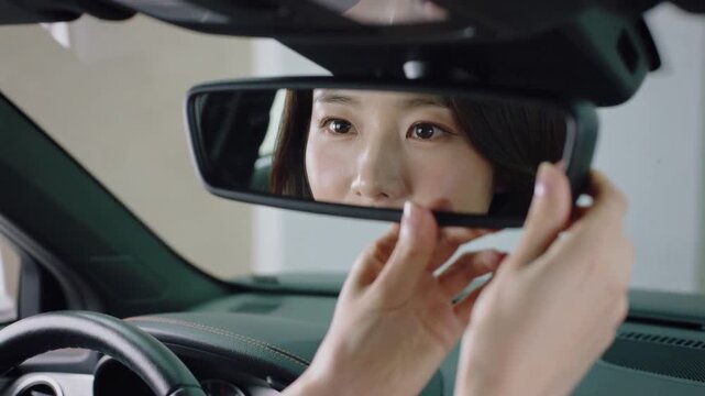 Reaching driver adjusting rearview mirror inside car, centering gaze in glass, checking alignment