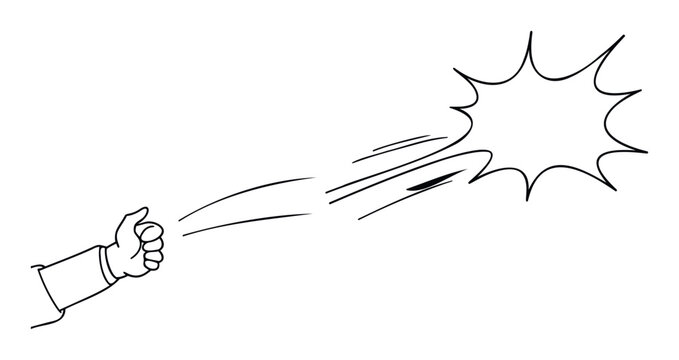 Hand making a quick flick gesture with an object flying rapidly towards an energetic starburst explosion, ideal for conveying swift action or impactful force in animations and print media.