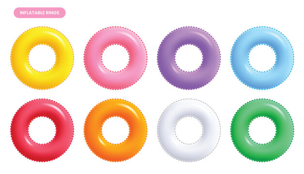 Colorful inflatable swim ring collection in various bright neon colors. Realistic 3D lifebuoy set for summer pool parties, vacation, and beach safety design. Vector illustration.