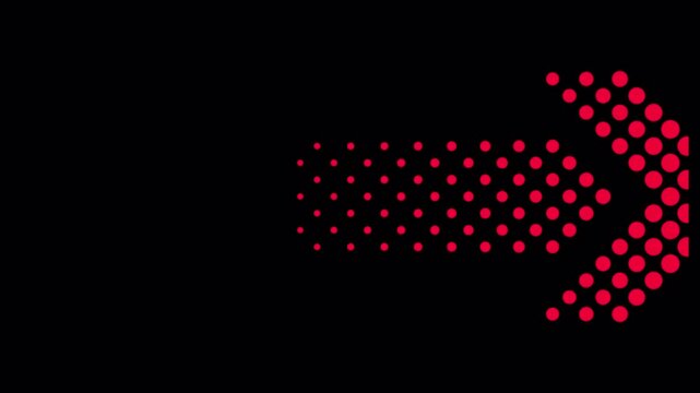 A vibrant red arrow composed of numerous small dots pointing to the right on a stark black background.