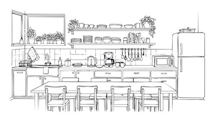 Obraz premium Contemporary kitchen interior with a spacious dining table and chairs, showcasing essential appliances, open shelving, and decorative potted plants for home decor projects.