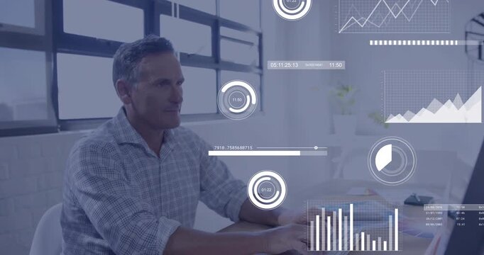 Man typing at desk after monitor shifting, finance HUD overlaying man showing charts for analysis