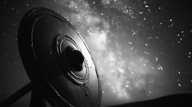 A weathered, round shield is silhouetted against a starlit, nebulous night sky in grayscale