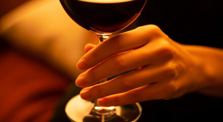 Elegant Hand Holding Red Wine Glass in Warm, Intimate Light