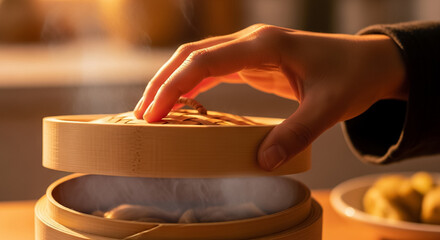 Freshly Steamed Delights: Hand Opening Bamboo Food Steamer with Rising Steam