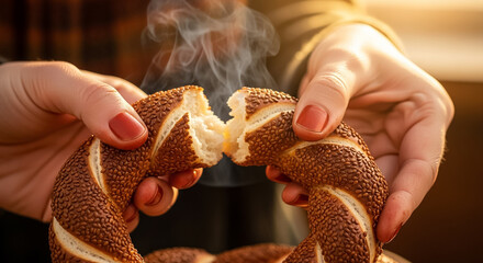 Delicious Turkish Simit: Hands Breaking Warm, Steaming Sesame Bread