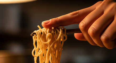 Close-up of Hand Lifting Delicious Golden Noodles with Chopsticks