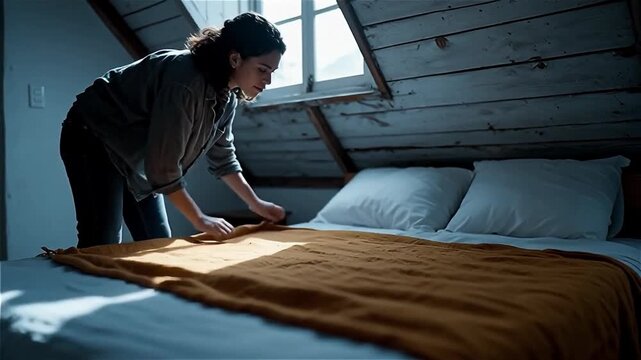 A woman neatly arranging a warm, mustard-yellow throw blanket on a neatly made bed in a cozy, rustic bedroom with wooden panels and soft lighting