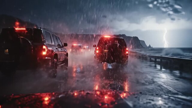 Under dark clouds, police vehicles race along a rain-drenched highway. Bright lights pierce the storm, while thunder rumbles in the distance. Nature unleashes its power.
