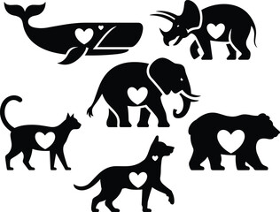 Cute animal silhouette set with heart shapes featuring whale, elephant, bear, dog, cat, and triceratops, black love themed wildlife icons isolated © MDMOKLASUR