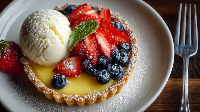 Delicate lemon curd tart on a white plate with vanilla bean ice cream, strawberries, and blueberries on a dark wood table with top view.