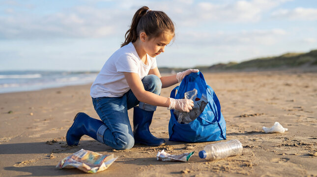 A little girl picking up trash from the beach sand, removing polluting residues. Preservation of the environment and ecosystems