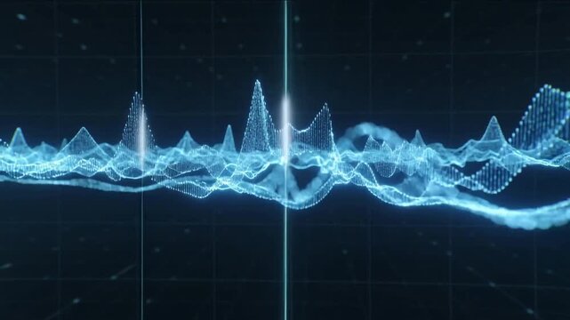 Starting play, waveform ribbon with dotted mesh moving across dark grid, with columns marking peaks