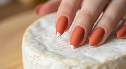 Artistic Matte Orange Nails with White Tips on Creamy Brie Cheese